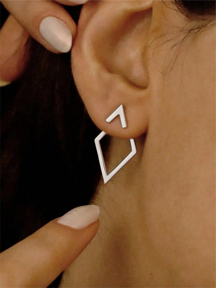 Geometric Hollow Diamond-Shaped Front & Rear Earrings | Two-Way Ear Jacket Design - Silver